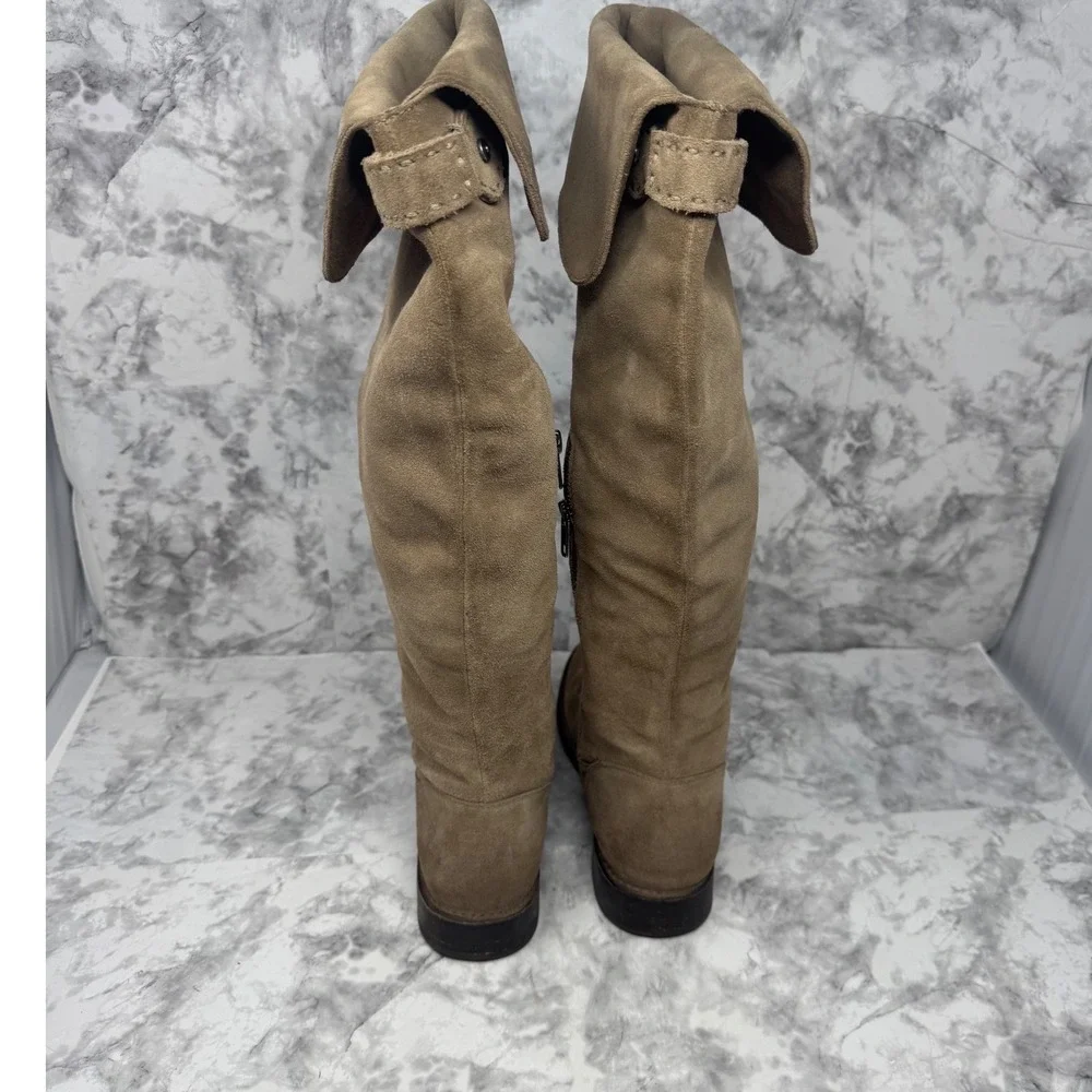 Frye Melissa Over The Knee Boots Tan Suede Boho fold Over Cuff Tall Flat Boot